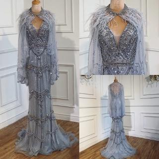 【女神婚紗禮服】高階披肩鑲鑽羽毛魚尾宴會晚禮服LA70171A 灰色(頒獎禮服 主持人)