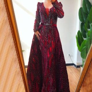 【女神婚紗禮服】高階大碼深藍色V領魚尾宴會晚禮服 LA70223 酒紅色(婚宴服 媽媽服)