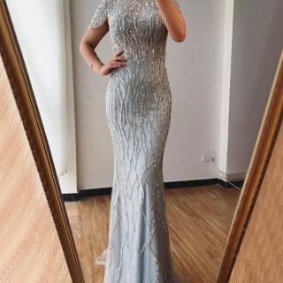 【女神婚紗禮服】高階短袖立領魚尾優雅高貴宴會晚禮服 LA70649 灰色(媽媽服 婚宴服)