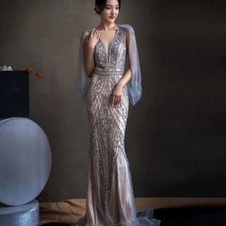 【女神婚紗禮服】極致深V露背奢華縫珠魚尾宴會 LA70905晚禮服(訂婚禮服 年會主持人)