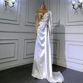 【女神婚紗禮服】高階多色法式緞面長款宴會晚禮服 LA70990 白色(敬酒服 晚會主持人)