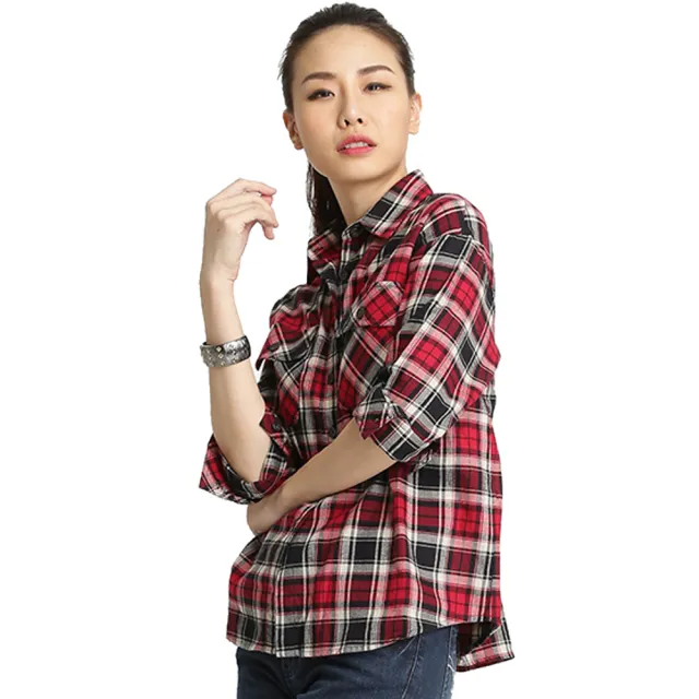 【BOBSON】女款寬版格紋長袖襯衫(32124-15紅)