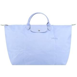 【LONGCHAMP】LE PLIAGE GREEN系列刺繡短把再生尼龍摺疊旅行袋(大/天澄)