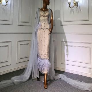 【女神婚紗禮服】高階閃亮奢華羽毛中長款魚尾宴會晚禮服 LA71492 銀裸色(晚宴服 聚會禮服)