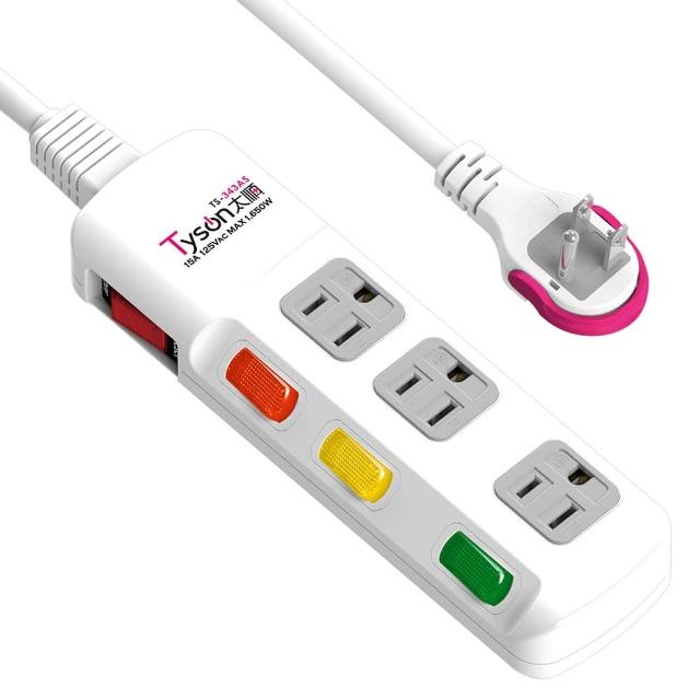 【Tyson太順電業】TS-343AS 3孔4切3座延長線-4.5米(斜面開關/拉環扁插)