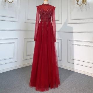 【女神婚紗禮服】極致無袖披肩高雅奢華宴會晚禮服 LA71604 酒紅色(頒獎禮服 年會主持人)