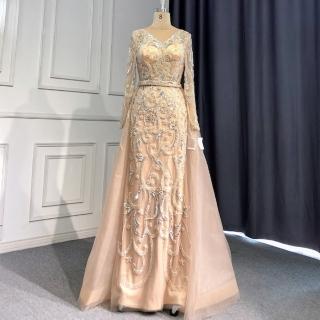 【女神婚紗禮服】高階銀裸深V長袖優雅宴會晚禮服 LA71353(晚宴服 表演禮服)