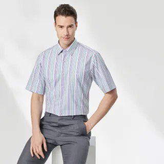 【pierre cardin 皮爾卡登】男襯衫 進口素材純棉扣領舒適休閒條紋短袖襯衫_粉紫條(62203-23)