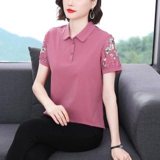 【Paiya 派亞】新款網紗拼接大碼印花時尚媽媽t恤夏季polo衫短袖打底衫(M-4XL)