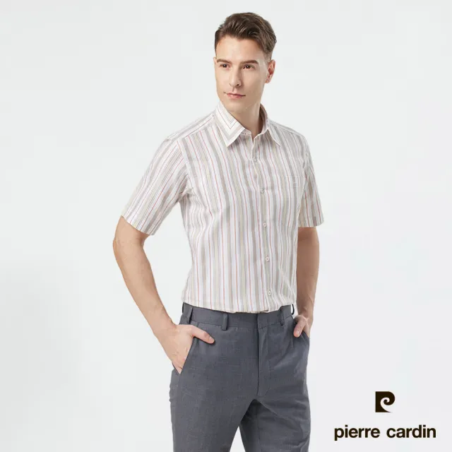 【pierre cardin 皮爾卡登】男襯衫 棉麻混紡商務休閒百搭條紋短袖襯衫_卡其條(22214-82)