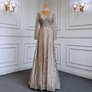 【女神婚紗禮服】高階歐美V領長袖優雅長裙宴會晚禮服 LA71701 金色(年會主持人 晚宴服)