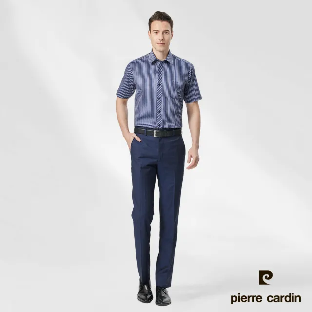 【pierre cardin 皮爾卡登】男襯衫 棉混紡抗皺舒適商務休閒條紋短袖襯衫_深藍條(62263-39)