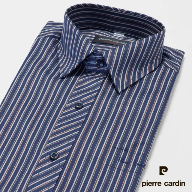 【pierre cardin 皮爾卡登】男襯衫 棉混紡抗皺舒適商務休閒條紋短袖襯衫_深藍條(62263-39)