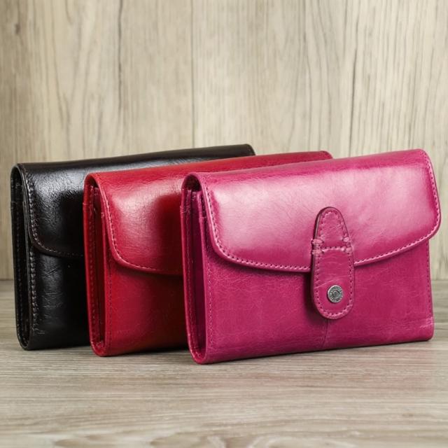 【米蘭精品】現貨+預購 短夾真皮手拿包(RFID牛皮搭扣三折女皮夾3色74ep48)