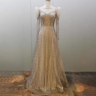 【女神婚紗禮服】高階泡泡袖派對氣質長裙宴會晚禮服 LA71657 金色(派對 晚宴服)