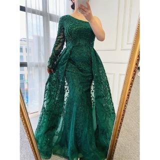 【女神婚紗禮服】極致輕奢單肩修身魚尾宴會晚禮服 LA71607 綠色(主持人 表演禮服)
