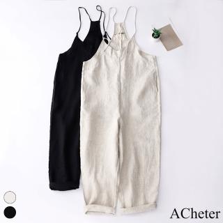 【ACheter】文藝純色亞麻感吊帶褲大碼寬鬆連身闊腿背帶長褲#117959(黑/杏)