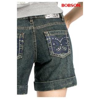 【BOBSON】女款反褶蝴蝶刺繡短褲(137-77)