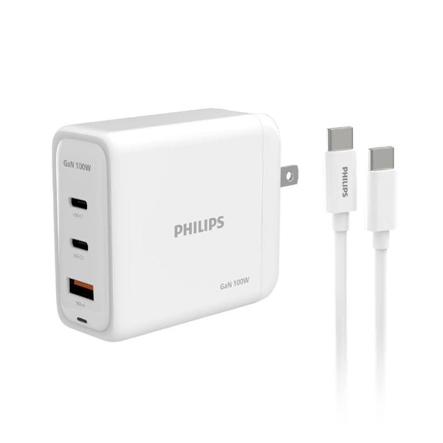 PHILIPS GaN氮化鎵PD 100W旅充組 DLP6343C，支援市面上所有協議，大功率單口可達100W，三口輸出一次滿足需求。內建USB-A 5V/4.3A、9V/12V/2.4A，最高30W輸出，輕便易攜，方便收納節省空間。輸入電壓AC 100-240V 50/60Hz，最大1.5A。尺寸68.7 x 61.29 x 6mm，重量211g，適用國家廣泛，BSMI許可字號CI392060172455。