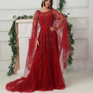 【女神婚紗禮服】高階仙氣夢幻露背飄袖長款拖尾宴會晚禮服 LA6570 酒紅色(頒獎禮服 晚宴服)