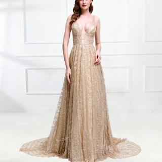 【女神婚紗禮服】高階奢華深V性感修身墜地裙宴會晚禮服 LA6251 金色(聚會禮服 表演禮服)