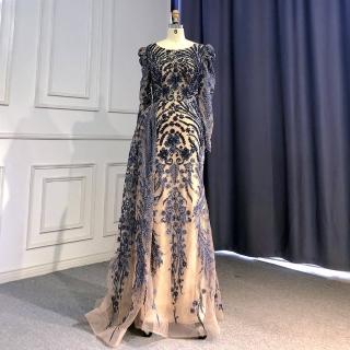 【女神婚紗禮服】高階小泡肩袖奢華縫珠墜地宴會晚禮服 LA71610 深藍色(新娘服 敬酒服)