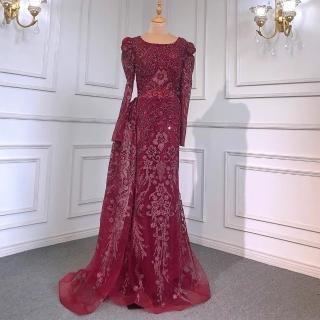 【女神婚紗禮服】高階小泡肩袖奢華縫珠墜地宴會晚禮服 LA71610 酒紅色(新娘服 敬酒服)