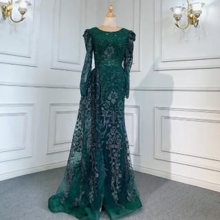【女神婚紗禮服】高階小泡肩袖奢華縫珠墜地宴會晚禮服 LA71610 綠色(新娘服 敬酒服)