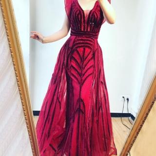 【女神婚紗禮服】高階V領奢華長款魚尾宴會晚禮服 LA70198 酒紅色(新娘服 敬酒服)