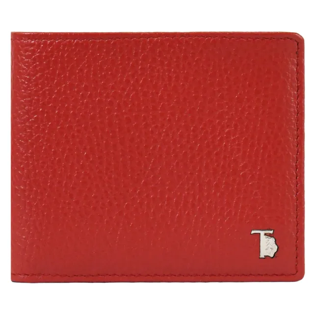 【TOD’S】TODS 簡約金屬T字LOGO小牛皮對折零錢短夾(紅)