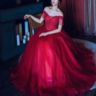 【女神婚紗禮服】高階性感流蘇露肩長款蓬蓬裙宴會晚禮服 LA70467 紅色(新娘服 舞會)