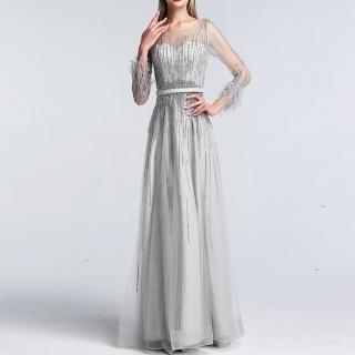 【女神婚紗禮服】高階奢華長款羽毛高貴氣質宴會晚禮服 LA60957 灰色(訂婚禮服 表演禮服)