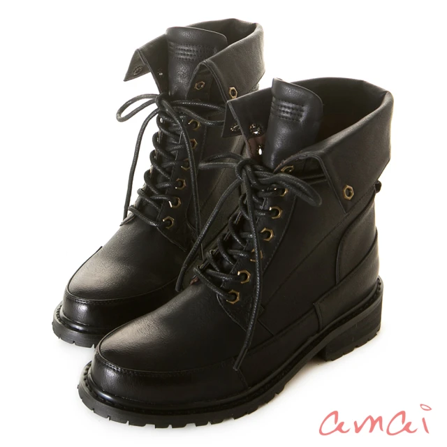 【amai】復古反折綁帶低跟靴 機車靴 短靴 短筒靴 馬丁靴 粗跟 百搭 大尺碼 SP5-31BK(黑色)