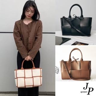 【Jpqueen】大方格編織全真牛皮單肩斜背手提女用包(10色可選)