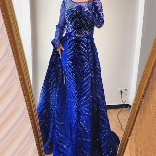 【女神婚紗禮服】高階藍色長袖閃亮鑽飾魚尾宴會晚禮服 LA60914 藍色(晚宴服 派對)