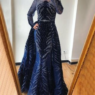【女神婚紗禮服】高階藍色長袖閃亮鑽飾魚尾宴會晚禮服 LA60914 深藍色(晚宴服 派對)