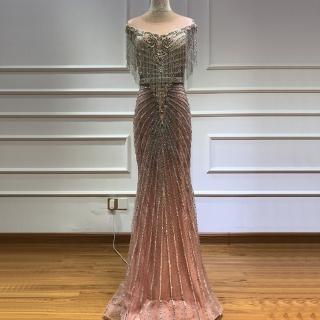 【女神婚紗禮服】極致流蘇奢華魚尾氣質長款宴會晚禮服 LA60847 粉色(主持人 表演禮服)
