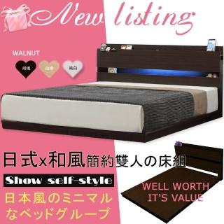 【HOME MALL-日式美學崁燈】雙人床頭片+床座(胡桃色)