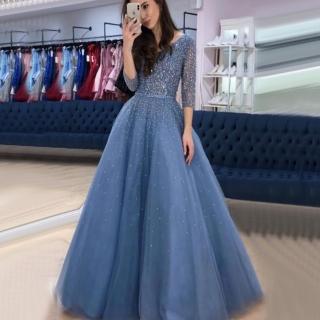 【女神婚紗禮服】高階閃亮七分袖氣質長款蓬裙宴會晚禮服 LA70481 藍色(年會主持人 派對)