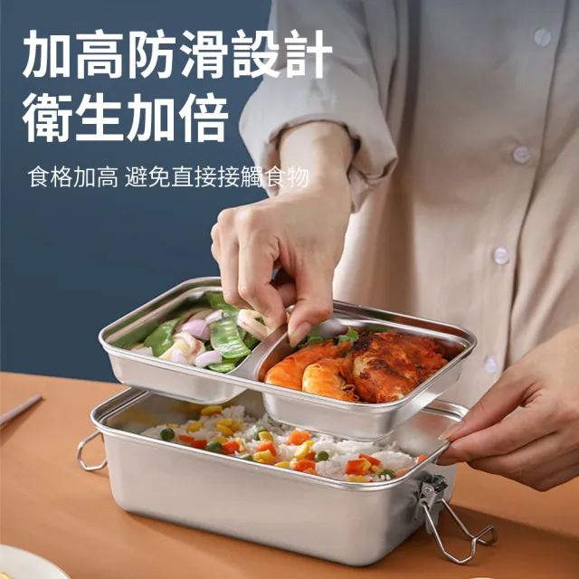 【Nil】不鏽鋼手提密扣雙層飯盒 分格密封便當盒 保鮮午餐盒 1800ML