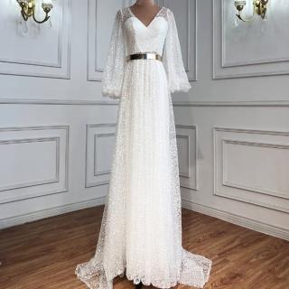 【女神婚紗禮服】高階深V澎袖拖尾宴會晚禮服 LA70194 白色(主持人 晚宴服)