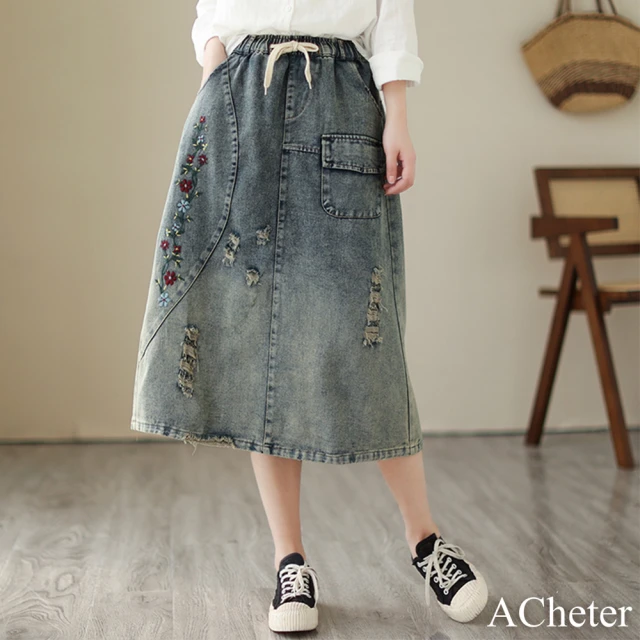 【ACheter】文藝復古牛仔半身裙刺繡寬鬆鬆緊高腰刷破系帶長裙#117664(藍)