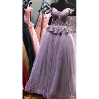 【女神婚紗禮服】高階平口香肩修身顯瘦蓬裙宴會晚禮服 LA70489 紫色(年會主持人 酒會)