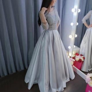 【女神婚紗禮服】高階水晶緞面氣質長款蓬裙宴會晚禮服 LA70482 灰色(聚會禮服 晚宴服)