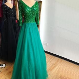 【女神婚紗禮服】高階閃亮七分袖氣質長款蓬裙宴會晚禮服 LA70481 綠色(年會主持人 派對)