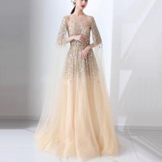 【女神婚紗禮服】極致高貴飄袖手工縫珠新娘宴會晚禮服 LA70454 金色(訂婚禮服 主持人)
