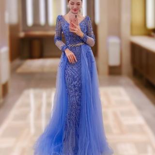 【女神婚紗禮服】高階優雅大氣手工縫珠魚尾長款宴會晚禮服 LA60858 藍色(年會主持人 酒會)