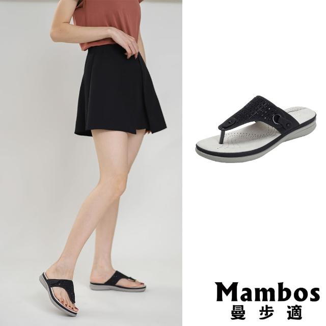 Mambos 曼步適 厚底拖鞋 夾腳拖鞋 細緻刻花縷空燙鑽經典人字厚底夾腳拖鞋 黑