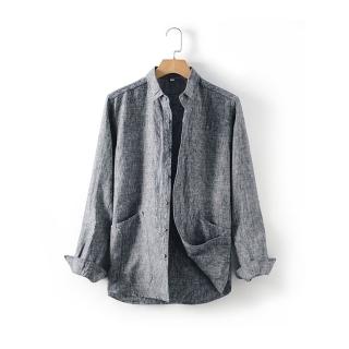 【米蘭精品】現貨+預購 亞麻襯衫長袖上衣(寬鬆休閒翻領春季男外套2色74eu10)
