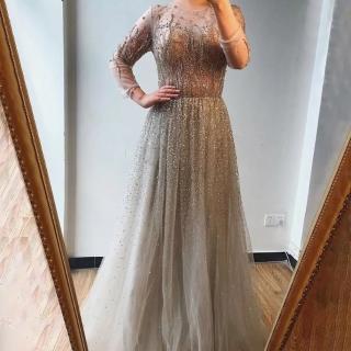 【女神婚紗禮服】高階氣質長袖夢幻奢華墜地裙擺宴會晚禮服 LA60869 焦糖色(訂婚禮服 敬酒服)